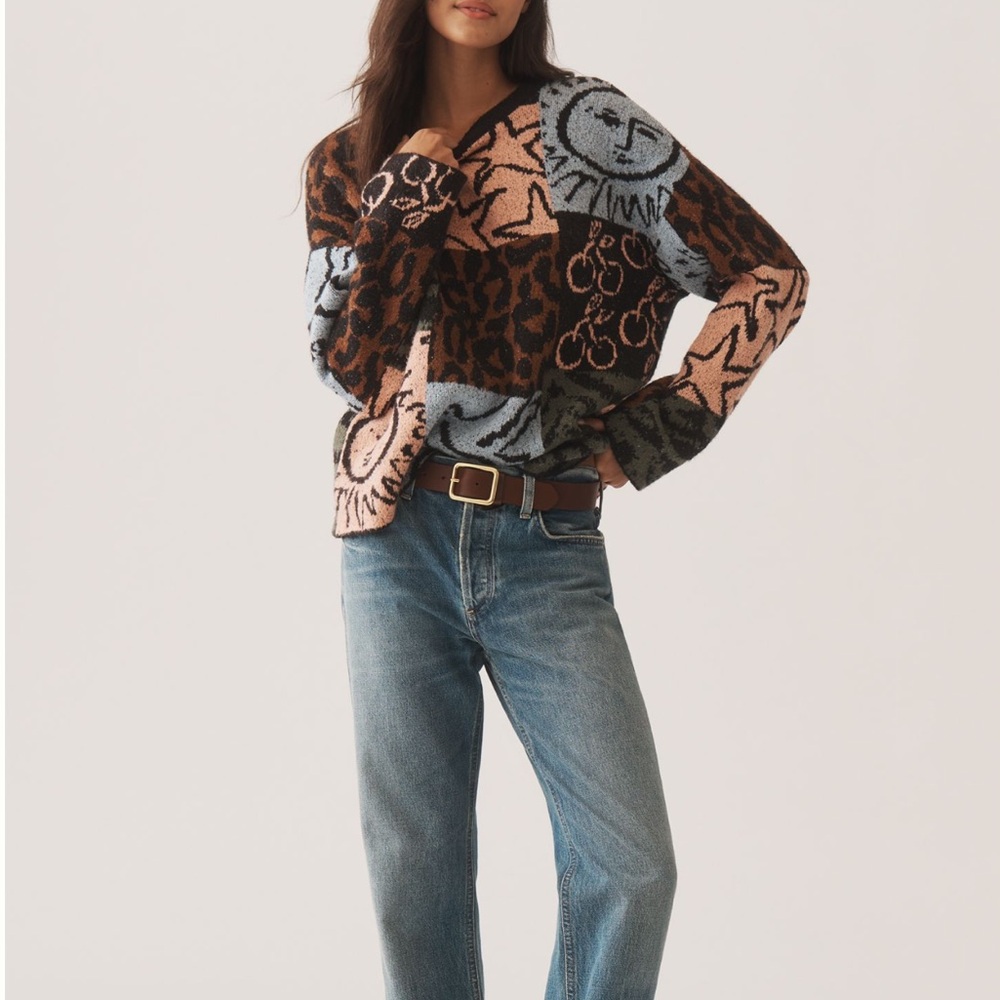 Scotch & Soda Jacquard Graphic Sweater New Medium Leopard Sun Star Anthropologie - Picture 2 of 16